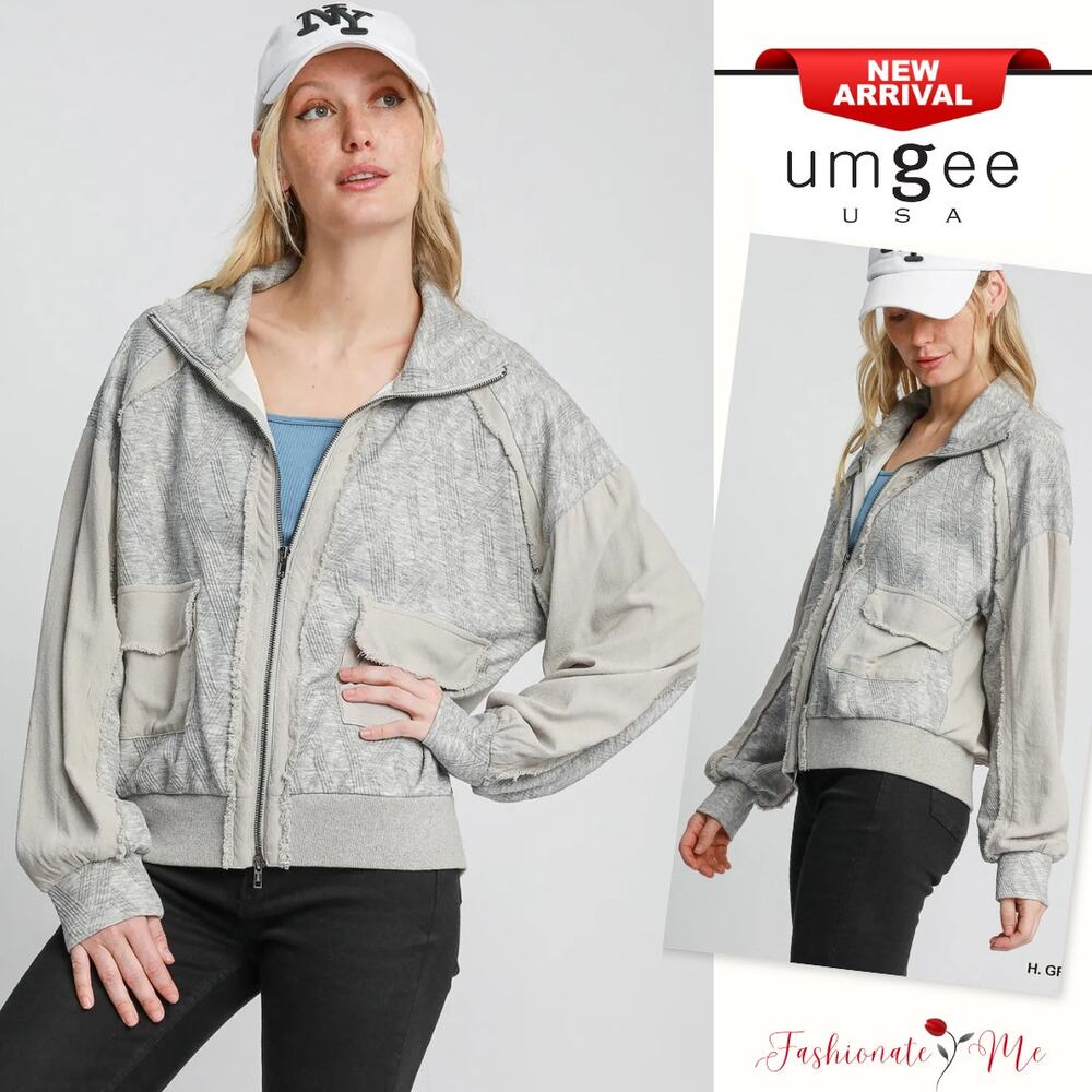 Umgee Two-Way Zip-Up Long Sleeves Front Pockets Loose Jacquard Jacket | H. Grey
